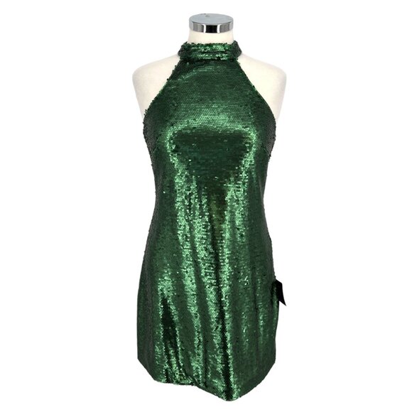 Lulus Emerald Green Sequin Halter Mini Dress Party Formal Size Large NWT - Picture 1 of 12